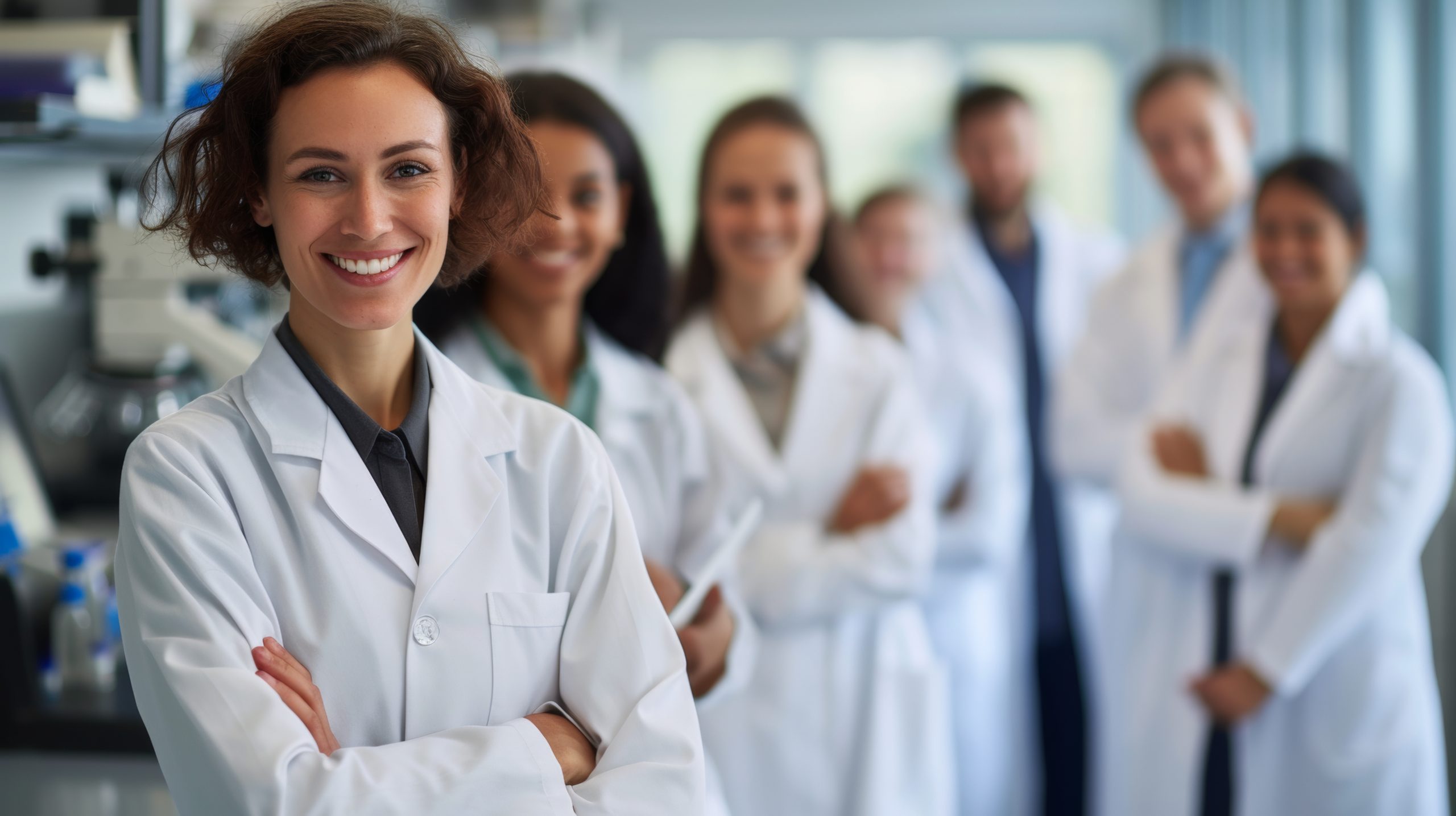 Portrait of a group team of research scientists in a biochemistry lab